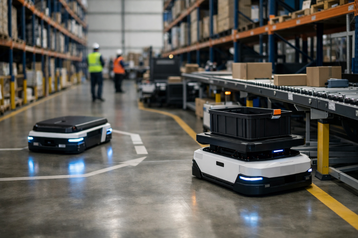 AMR em armazém existente operando em corredores com área de picking e pontos de transferência