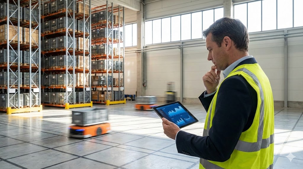 Diretor de operações calculando ROI e TCO em automação intralogística